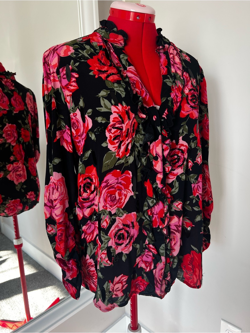 River Island Black Blouse with Pink & Red Rose Print